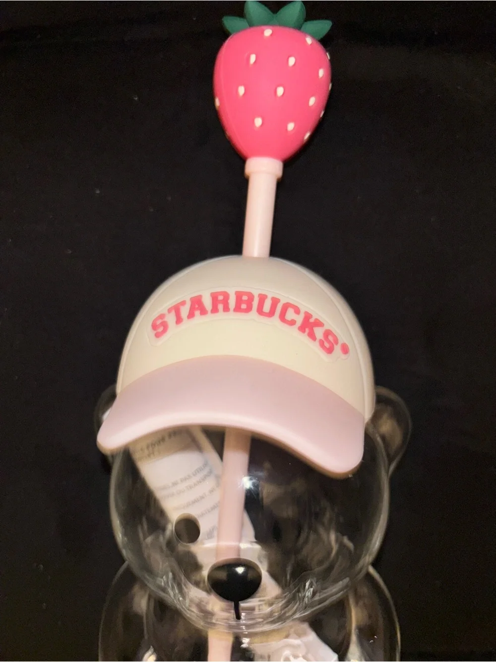 Starbucks Pink Bearista Clear Bear Tumbler with Pink Lid and Strawberry Topper